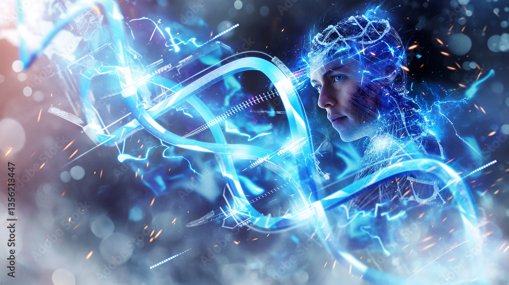 Poster this conceptual art of biotech-driven genetic modifications for enhanced youthfulness.