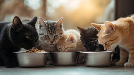 group of cats of various colors eating together from stainless steel bowls, enjoying their meal in cozy indoor setting with warm natural light