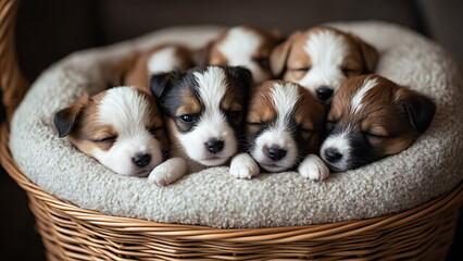 group of adorable puppies cuddling together in cozy wicker basket, resting peacefully on soft blanket. Their tiny faces and fluffy fur evoke warmth and joy
