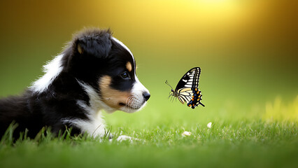playful puppy curiously observes butterfly hovering in sunlit grassy field, creating heartwarming and serene moment of nature and innocence