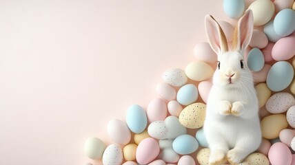 Fototapeta premium A cute white rabbit sitting among colorful pastel eggs on a soft pink background, perfect for Easter themes.