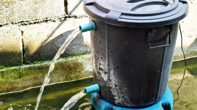Video footage of a koi pond water filter made from simple recycled materials such as old water tanks and water pipes according to the principles of sustainability concept at home.
