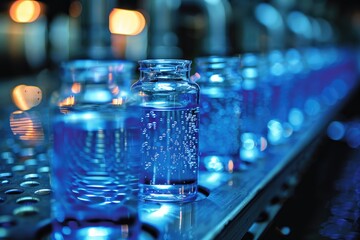 A collection of glass vials filled with blue liquid substance