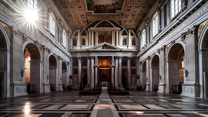 Obraz premium Empty interiors and architectural details of Church with sun rays