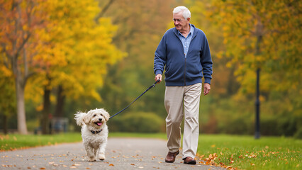 senior man walking his small dog on leash through park during autumn, surrounded by vibrant fall foliage and peaceful atmosphere