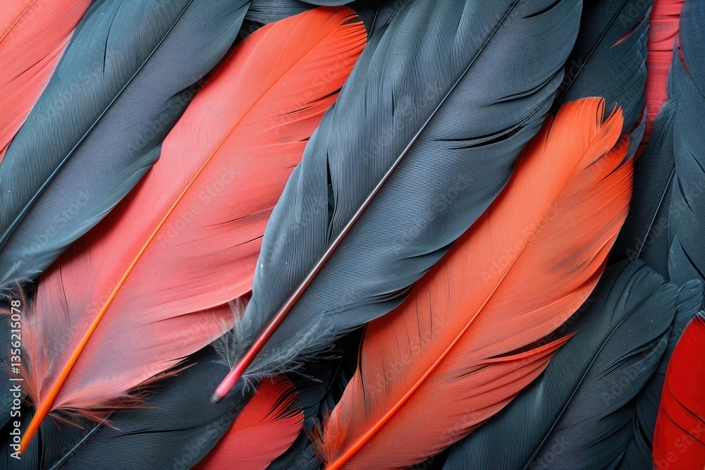 Poster a collection of overlapping feathers in contrasting colors are displayed