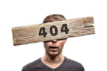 404 error sign in front of a person's face isolated from background