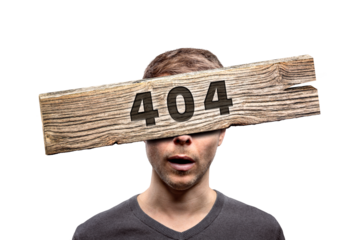 404 error sign in front of a person's face isolated from background