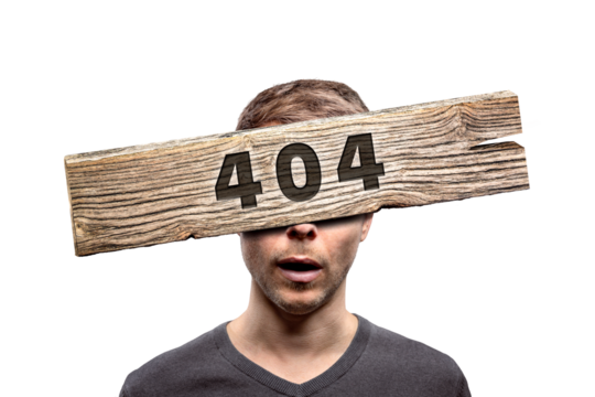 404 error sign in front of a person's face isolated from background