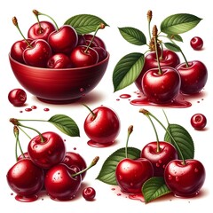A set of fresh red cherries isolated on white background 