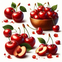 A set of fresh red cherries isolated on white background 