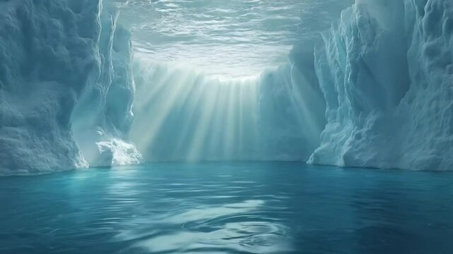 Serene ice cavern with beams of light illuminating the tranquil water below
