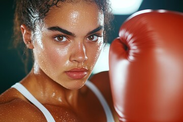 Young woman prepares to spar in boxing ring while showcasing determination and strength during an intense training session