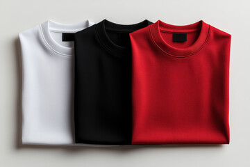 Three folded crew neck sweatshirts in white, black, and red arranged neatly on a flat surface, showcasing simple and modern clothing design suitable for casual wear