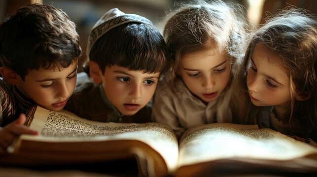 Jewish children reading torah together in synagogue