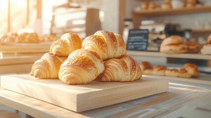 Baking perfection fills a cozy cafe with warm golden croissants at sunrise Generative AI