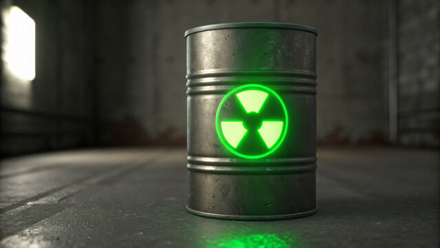 Industrial metal barrel with radioactive symbol glowing in a dark environment