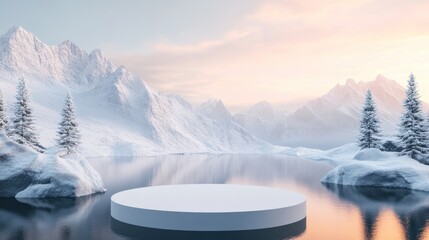 Snowy mountain lake scene with a white podium