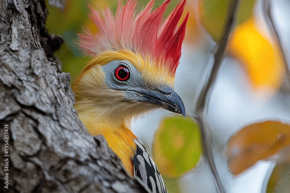 Aufkleber a colorful bird with red crest peeks from behind a tree