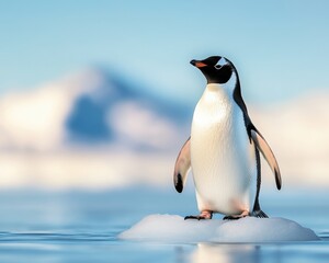 Fototapeta premium Penguin stands on ice in a serene Antarctic landscape during a clear sunny day with soft blue tones in the background