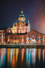 Helsinki, Finland. View Of Kanavaranta Street With Uspenski Cathedral In Evening Night...