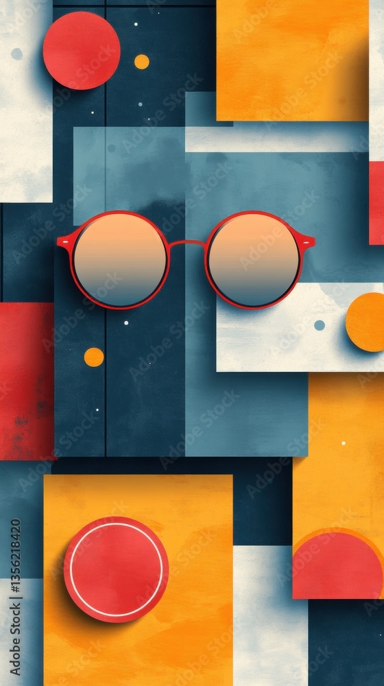 Aufkleber abstract geometric composition featuring colorful shapes and stylish sunglasses on a dynamic backgro
