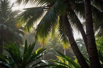Obraz premium Tropical Palm Trees in Misty Sunrise – Exotic Jungle Paradise Landscape