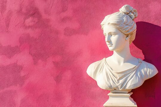 Marble female bust resting against vibrant magenta wall, embodying classical sculptural elegance
