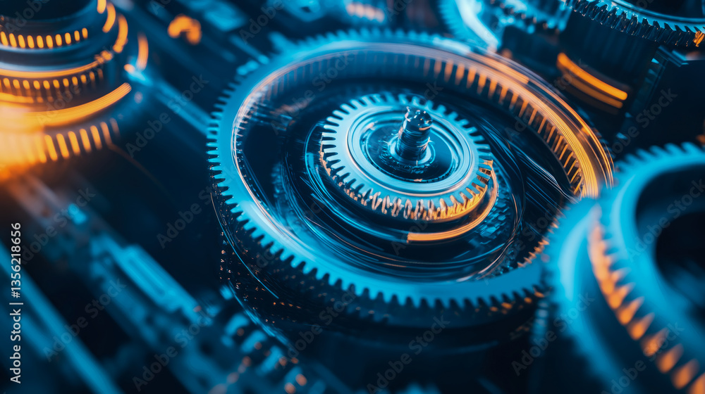 Poster mechanical precision: close-up of intricate rotating gear system with interlocking cogwheels