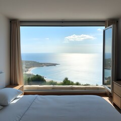 A room with a panoramic sea view. Sunny weather.