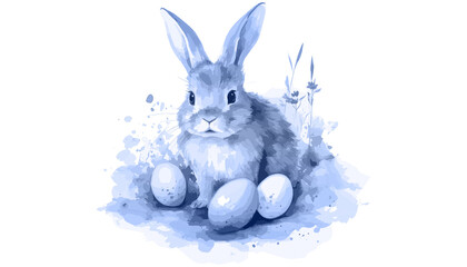 Blue and White Monochromatic Rabbit Sitting Among Eggs with Expressive Eyes. Whimsical Easter Scene Featuring Plant-Like Shapes and Soft Color Splashes