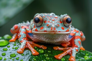 A colorful frog with vibrant markings sits on a green leaf
