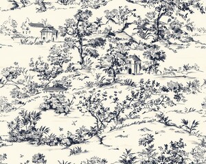 Elegant Blue and White Toile Landscape Pattern Houses Trees Flowers Seamless Repeat