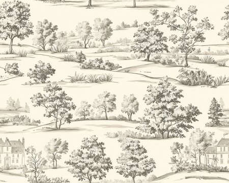 Fototapeta Elegant Grey and White Toile Landscape Wallpaper Pattern Featuring Trees Houses and Rolling Hills