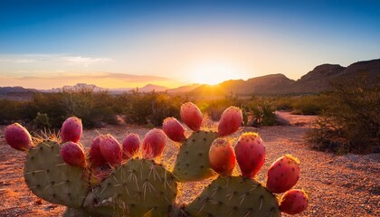 prickly pear cactus with red fruit against desert landscape at sunset