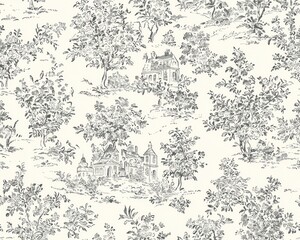 Elegant Toile de Jouy Fabric Pattern Black and White French Countryside Design Seamless Repeat