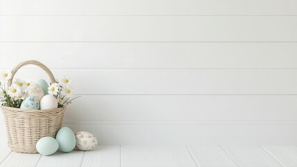 Obraz premium A serene arrangement of pastel Easter eggs and flowers in a basket, perfect for spring celebrations.