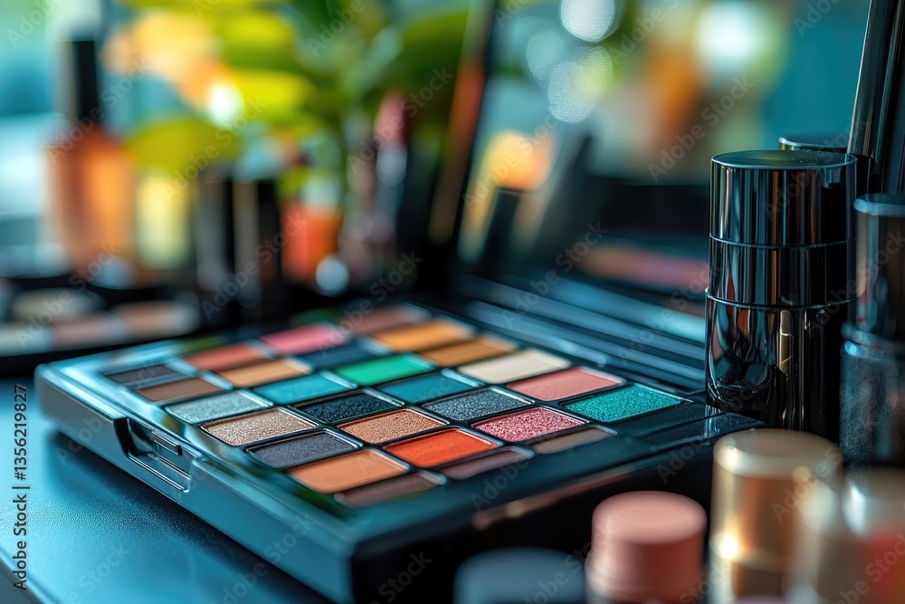 Poster a colorful makeup palette with various applicators and containers on display
