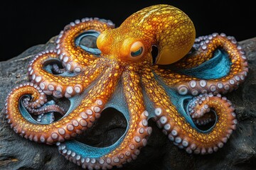 Obraz premium A colorful octopus rests upon a dark gray textured stone surface