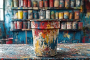 A colorful paint bucket stands in a studio setting among supplies