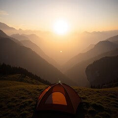 A sunrise over a mountain range with a tent in the foreground, golden light, misty air, photorealistic. Created using generative AI tools. For travel or nature designs.