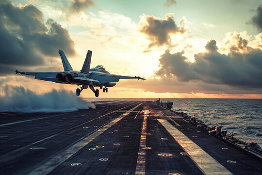 Fighter jet takes off from carrier at sunset, highlighting advanced tech and power against a dramatic sky