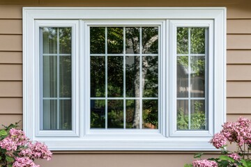 Exterior window, white frame, beige siding