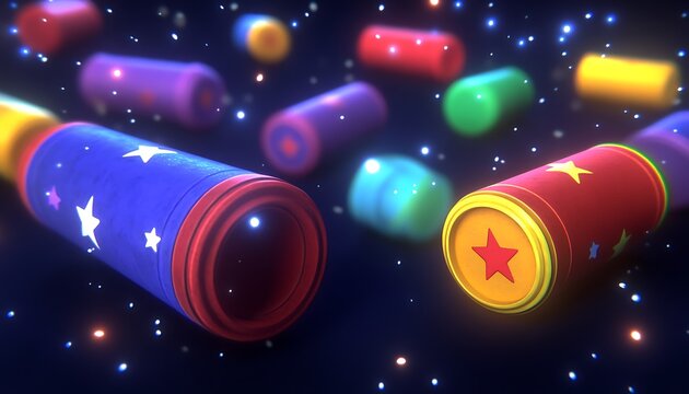 Colorful cylindrical party favors floating among twinkling celestial stars