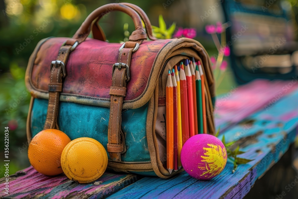 Poster A colorful school bag with pencils and objects on a bench