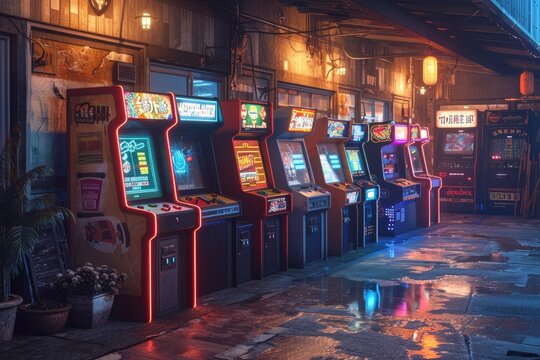 A colorful row of classic arcade game machines is displayed