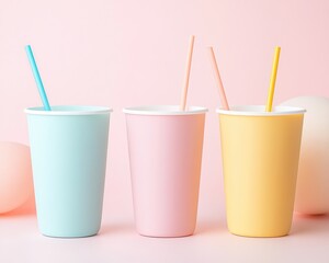 Colorful plastic cups with straws arranged on a pastel background create a cheerful and inviting atmosphere for a refreshing drink