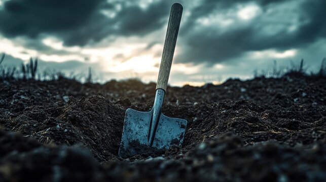 Shovel resting in freshly turned soil under a dramatic sky near a field at dusk, showcasing the contrast between nature and human activity in the quiet countryside