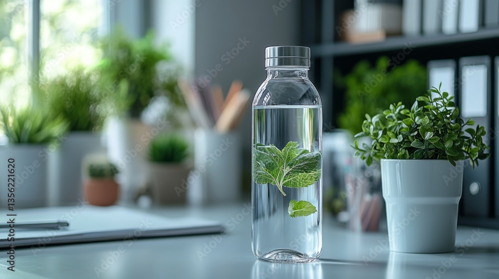 Poster a clear bottle filled with water contains fresh mint leaves, placed on a desk. the workspace feature