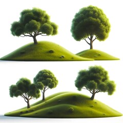 A set of trees on grass hill, set, isolated on white background
